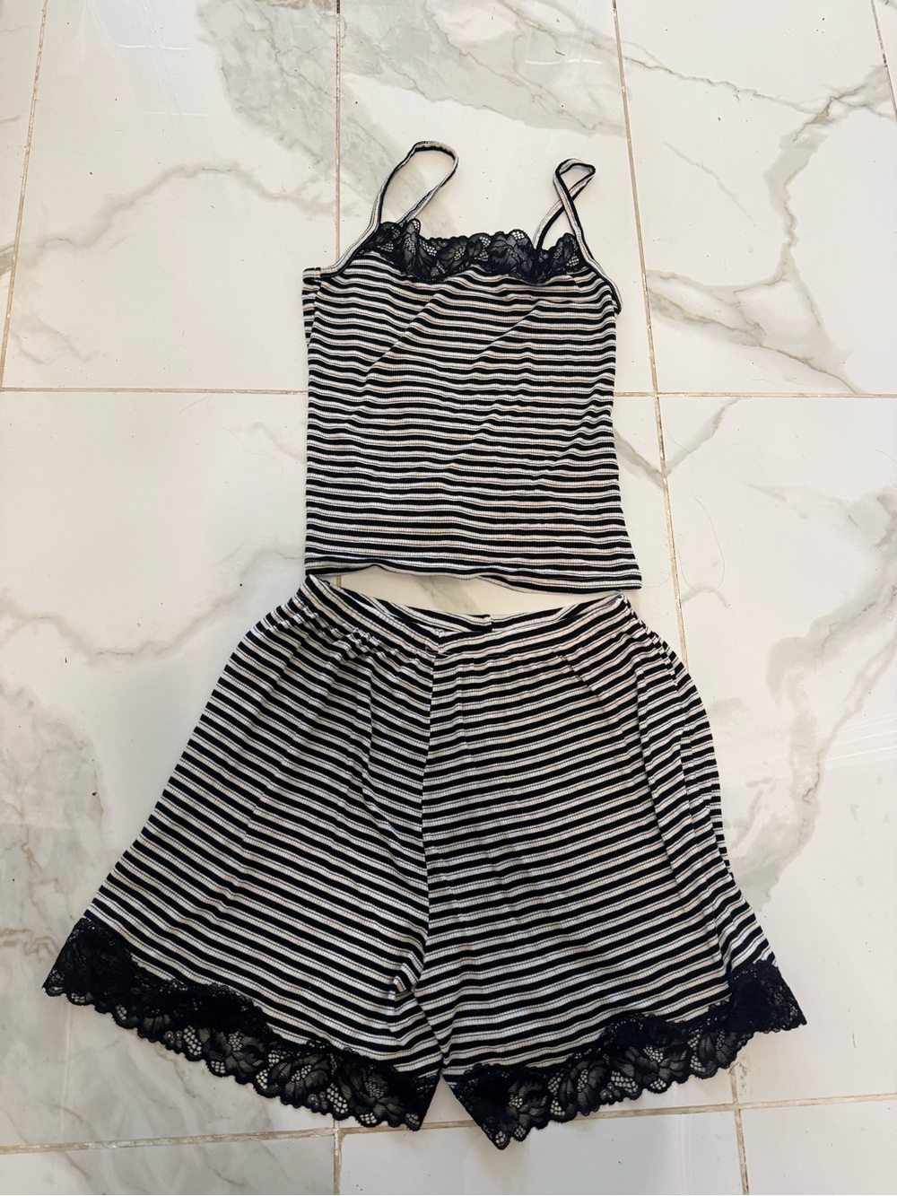 aerie Overslept Black and White Striped Lace-Trim Cami & Shorts Pajama Set - Picture 2 of 7
